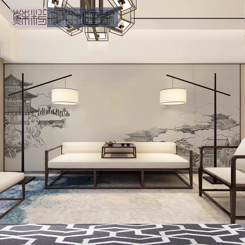 金山楼阁意境山水画祥云墙纸中式电视背景墙壁布酒店卧室床头壁纸,淘宝优惠券,粉丝福利购,淘宝优惠卷