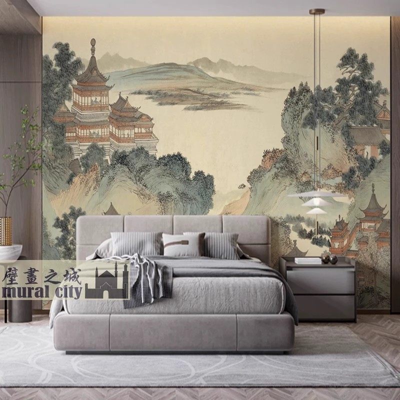 金山楼阁意境山水画祥云墙纸中式电视背景墙壁布酒店卧室床头壁纸,淘宝优惠券,粉丝福利购,淘宝优惠卷