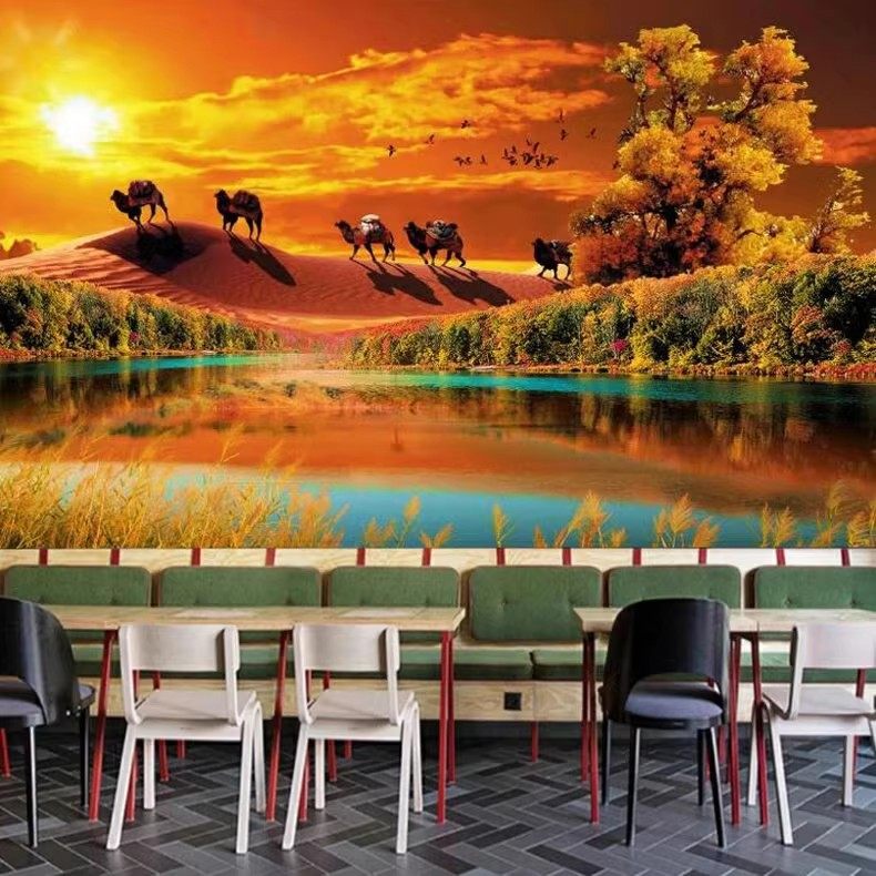 3d新疆民族风景立体墙布骆驼背景墙纸塔克拉玛干沙漠壁纸烧烤壁画,淘宝优惠券,粉丝福利购,淘宝优惠卷