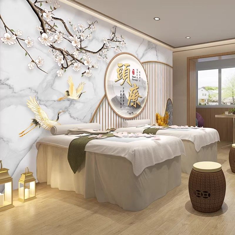8D中医养生头疗采耳馆墙纸新中式意境花鸟立体5D背景墙足疗馆壁画,淘宝优惠券,粉丝福利购,淘宝优惠卷