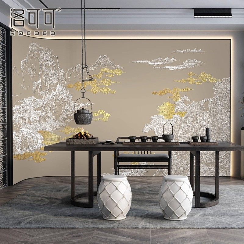轻奢新中式线条山水楼阁建筑背景墙壁纸客厅沙发卧室墙布别墅壁画,淘宝优惠券,粉丝福利购,淘宝优惠卷