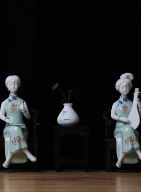 创意中式仿古精品纯手工陶瓷仕女工艺品家居客厅禅意人物软装摆件