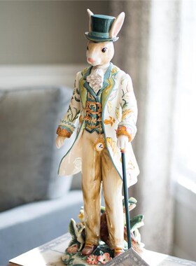 陶瓷兔形人偶多子多福淑女绅士美式轻I奢家居装饰品玄关客厅摆件