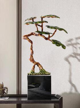 新中式迎客松树摆件客厅办公室玄关博古架禅意轻奢人造水晶装饰品