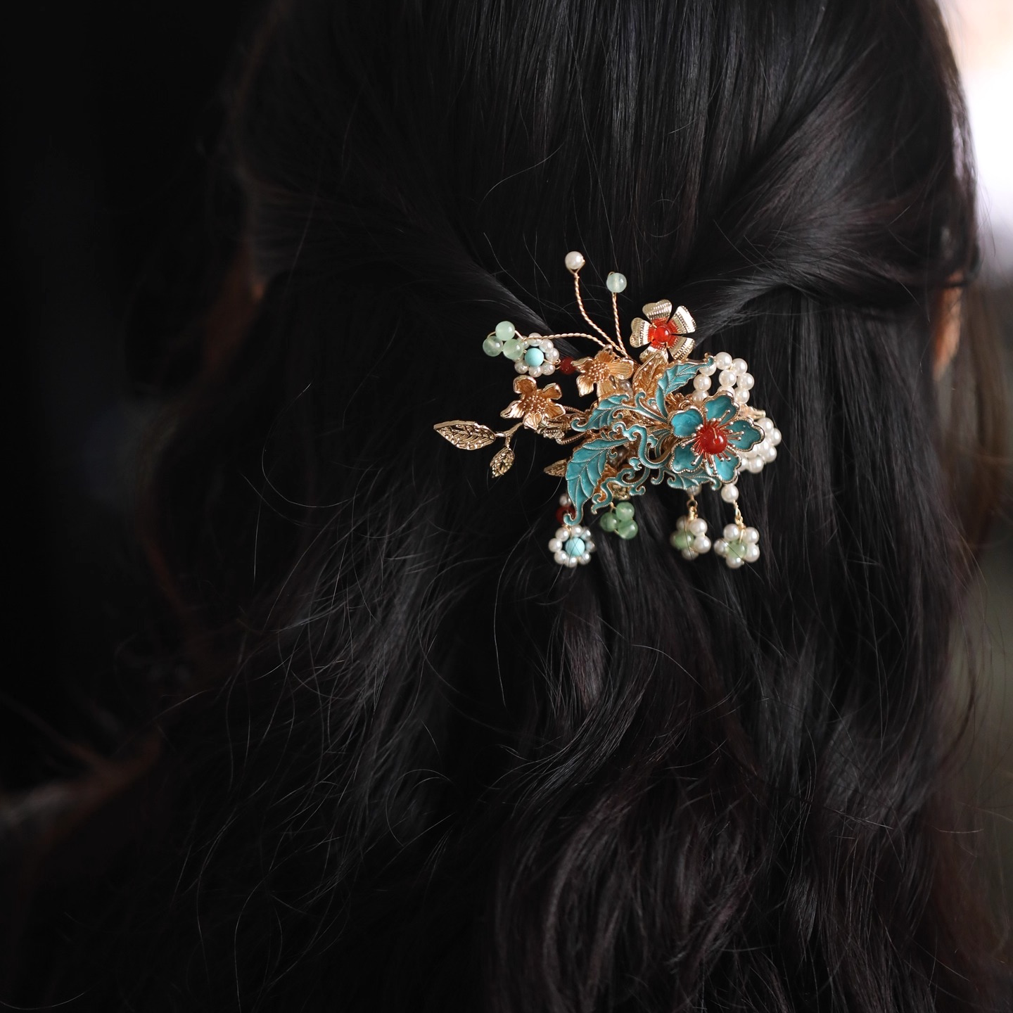 新中式古风祥云珍珠流苏发夹侧边汉服发饰对夹古典国风烧蓝夹子女,淘宝优惠券,粉丝福利购,淘宝优惠卷
