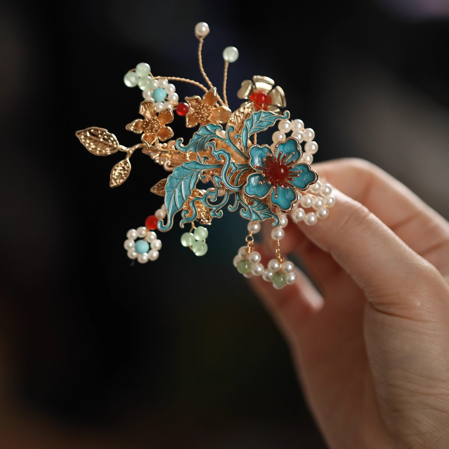 新中式古风祥云珍珠流苏发夹侧边汉服发饰对夹古典国风烧蓝夹子女,淘宝优惠券,粉丝福利购,淘宝优惠卷