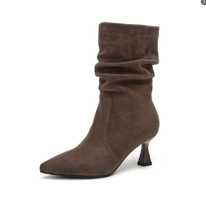 中筒靴女靴子秋冬季2025新款时尚百搭尖头短靴女高跟鞋绒面堆堆靴,淘宝优惠券,粉丝福利购,淘宝优惠卷