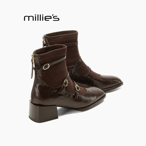 MILLIE'S/妙丽新款冬季弹力瘦瘦靴女粗跟短靴水钻方扣玛丽珍袜靴Z - 图1