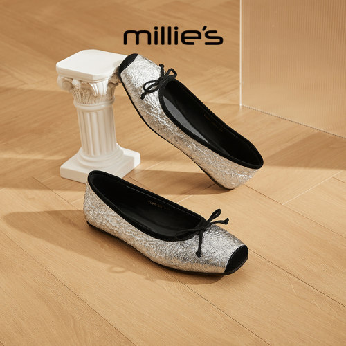 MILLIE'S/妙丽银色方头平底玛丽珍鞋女蝴蝶结单鞋优雅舒适不累脚Z - 图2
