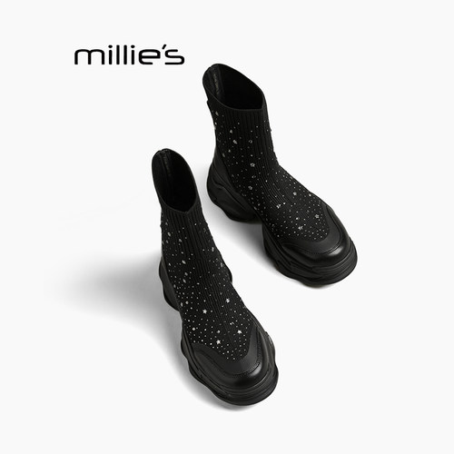 MILLIE'S/妙丽内增高跟马丁靴女鞋爆弹力袜子靴厚底小个子短靴女Q - 图0