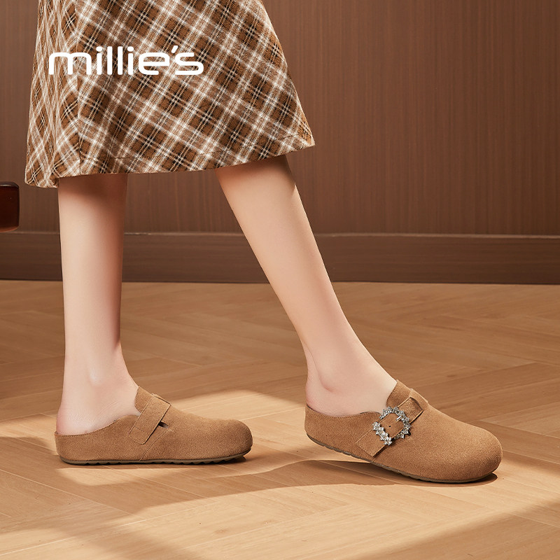 MILLIE'S/妙丽真皮勃肯鞋女水钻懒人一脚蹬包头半拖鞋百搭豆豆鞋Z,淘宝优惠券,粉丝福利购,淘宝优惠卷