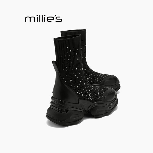 MILLIE'S/妙丽内增高跟马丁靴女鞋爆弹力袜子靴厚底小个子短靴女Q - 图2