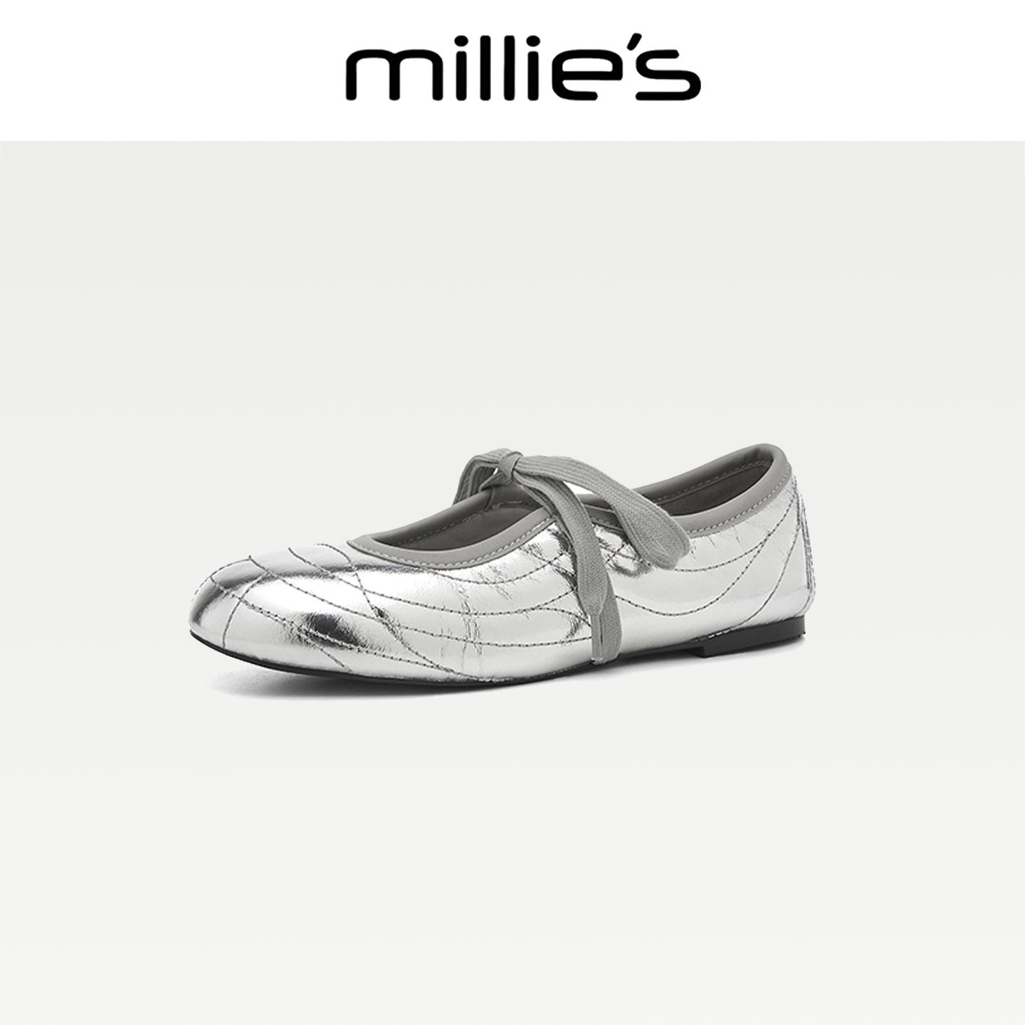 MILLIE'S/妙丽2025新款法式复古银色芭蕾鞋玛丽珍鞋平底单鞋女C,淘宝优惠券,粉丝福利购,淘宝优惠卷