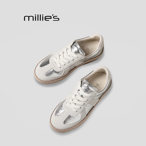MILLIE'S/妙丽潮流银色拼色德训鞋女平底休闲板鞋百搭轻便运动鞋Q - 图0