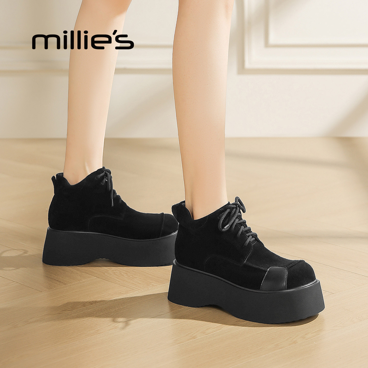 MILLIE'S/妙丽复古勃肯鞋女松糕厚底增高低帮系带时尚百搭乐福鞋Q,淘宝优惠券,粉丝福利购,淘宝优惠卷