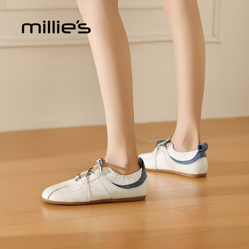 MILLIE'S/妙丽2026新品白色德训鞋女蝴蝶结系带平底百搭休闲鞋P - 图2