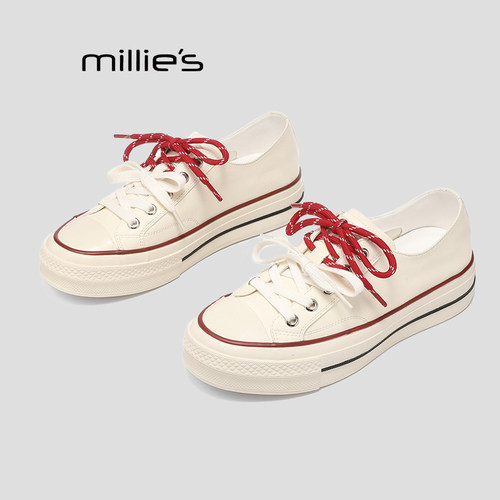 MILLIE'S/妙丽休闲风厚底帆布鞋女黑色低帮内增高松糕板鞋子女P - 图2