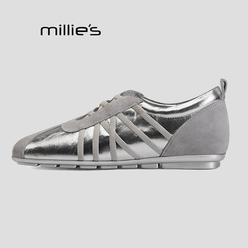 MILLIE'S/妙丽银色芭蕾风交叉绑带德训鞋女款平底休闲运动鞋单鞋Q,淘宝优惠券,粉丝福利购,淘宝优惠卷