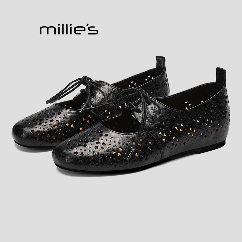 MILLIE'S/妙丽法式镂空透气系带深口单鞋女春款真皮内增高小皮鞋Q,淘宝优惠券,粉丝福利购,淘宝优惠卷