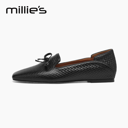 MILLIE'S/妙丽蝴蝶结软羊皮尖头深口单鞋女粗跟新一脚蹬中跟黑色 - 图2