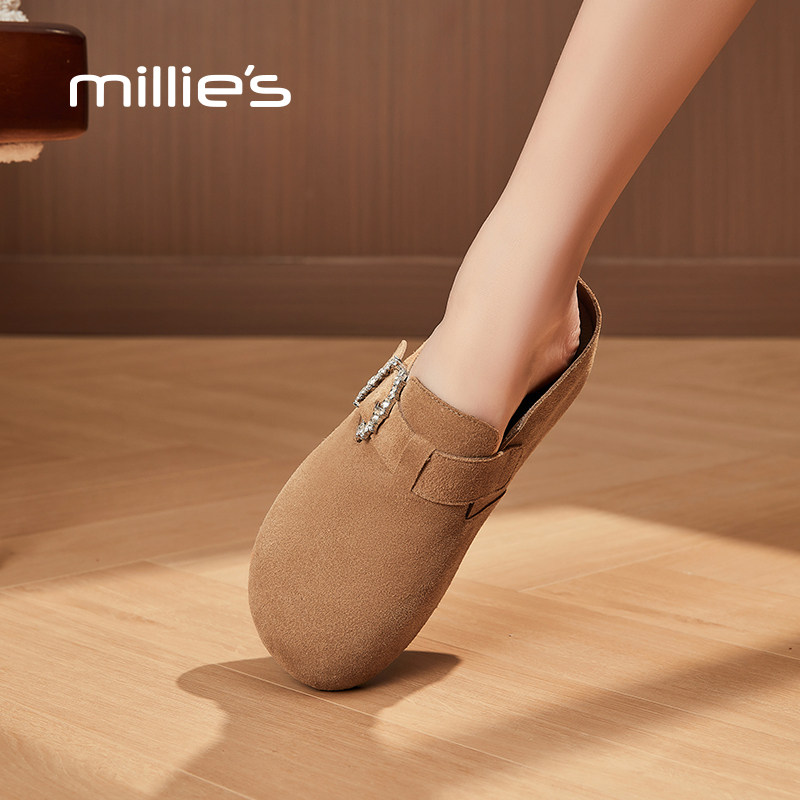 MILLIE'S/妙丽真皮勃肯鞋女水钻懒人一脚蹬包头半拖鞋百搭豆豆鞋Z,淘宝优惠券,粉丝福利购,淘宝优惠卷