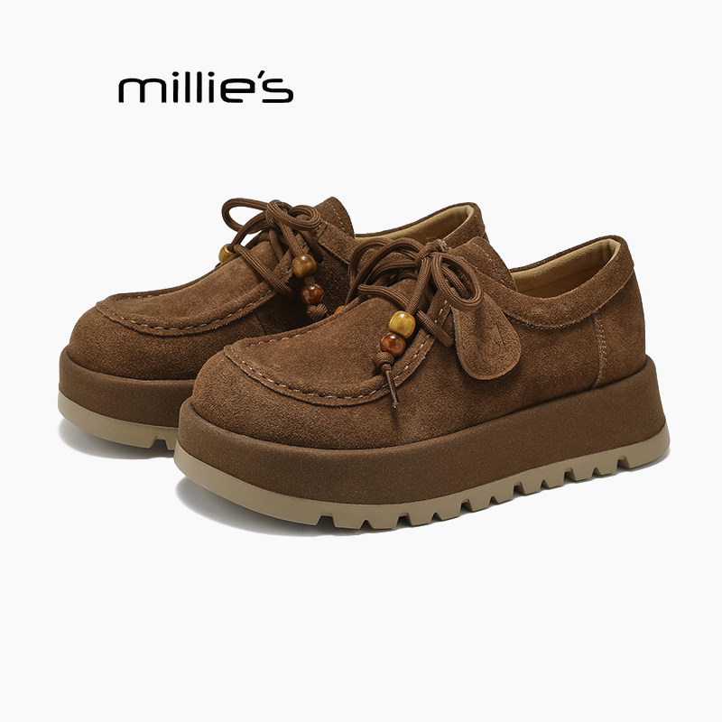 MILLIE'S/妙丽真皮复古德训鞋女2025新款厚底增高运动时尚袋鼠鞋Q,淘宝优惠券,粉丝福利购,淘宝优惠卷