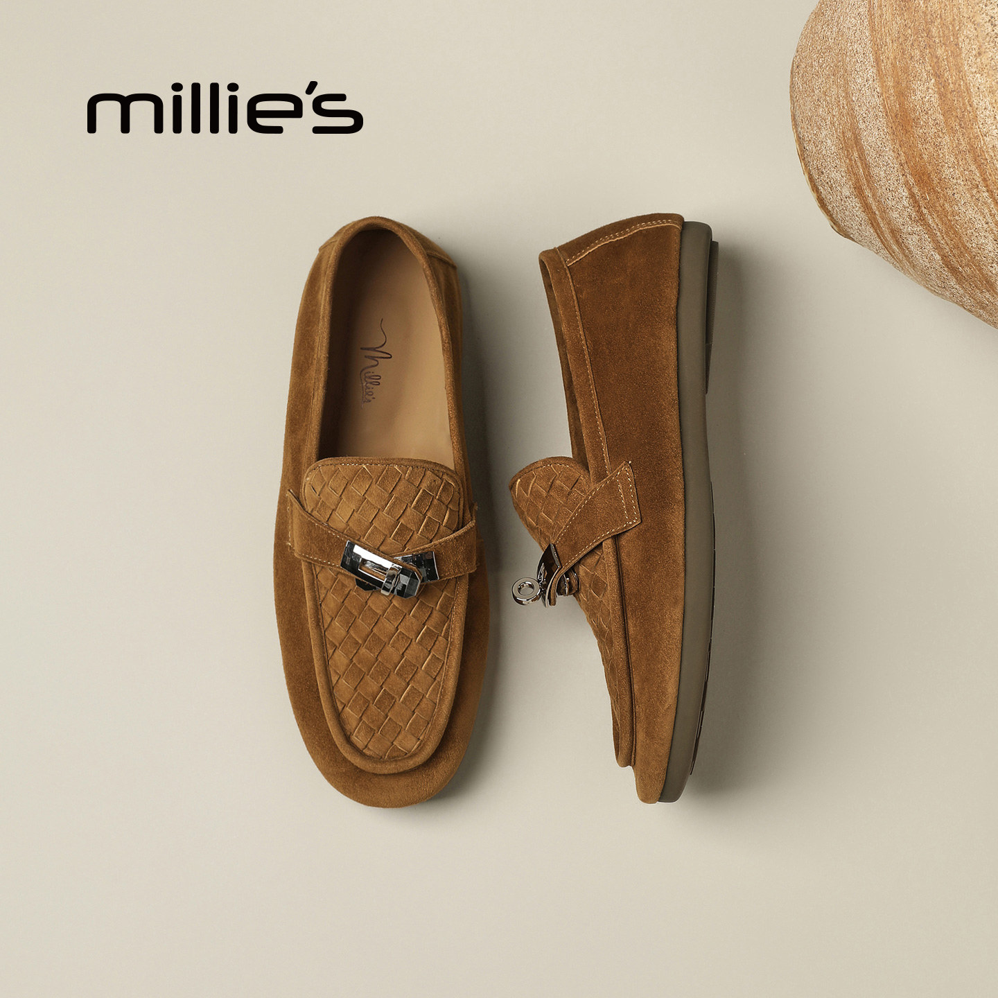 MILLIE'S/妙丽反绒皮乐福鞋女一脚蹬编织金属扣平底老爹鞋百搭Q,淘宝优惠券,粉丝福利购,淘宝优惠卷