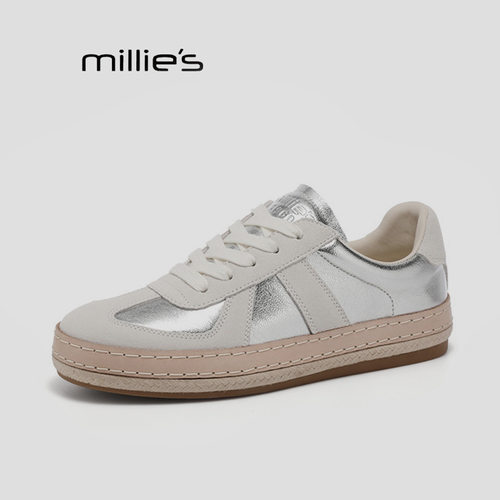 MILLIE'S/妙丽潮流银色拼色德训鞋女平底休闲板鞋百搭轻便运动鞋Q - 图3