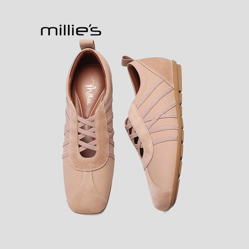 MILLIE'S/妙丽交叉绑带德训鞋女平底一脚蹬休闲运动鞋粉色女鞋P - 图0