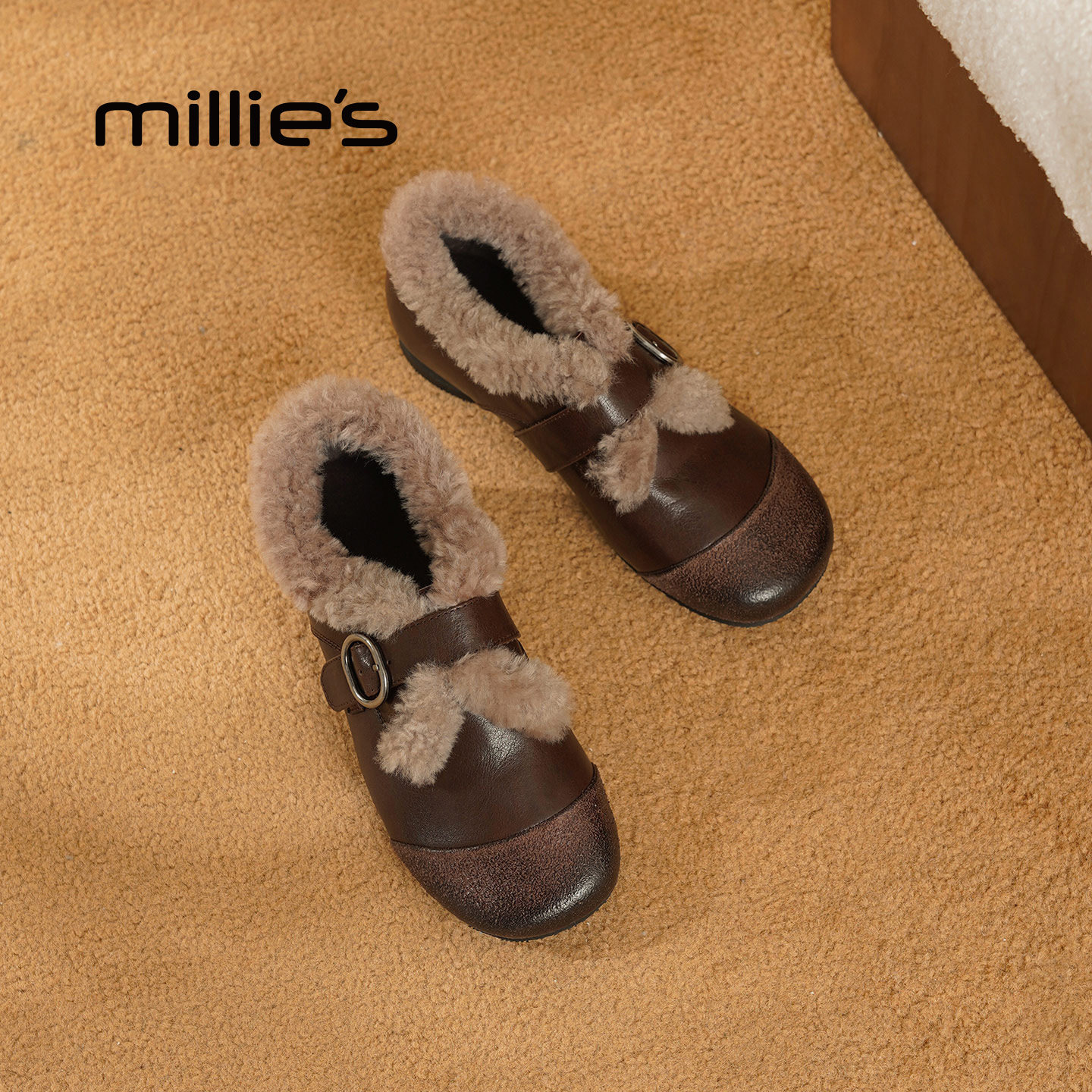 MILLIE'S/妙丽加绒休闲乐福鞋女冬季保暖皮带扣毛毛鞋加棉棉鞋Z,淘宝优惠券,粉丝福利购,淘宝优惠卷