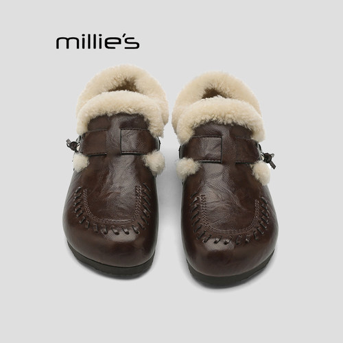 MILLIE'S/妙丽复古加绒全包真皮勃肯鞋冬季新款平底保暖毛毛鞋女Q - 图2