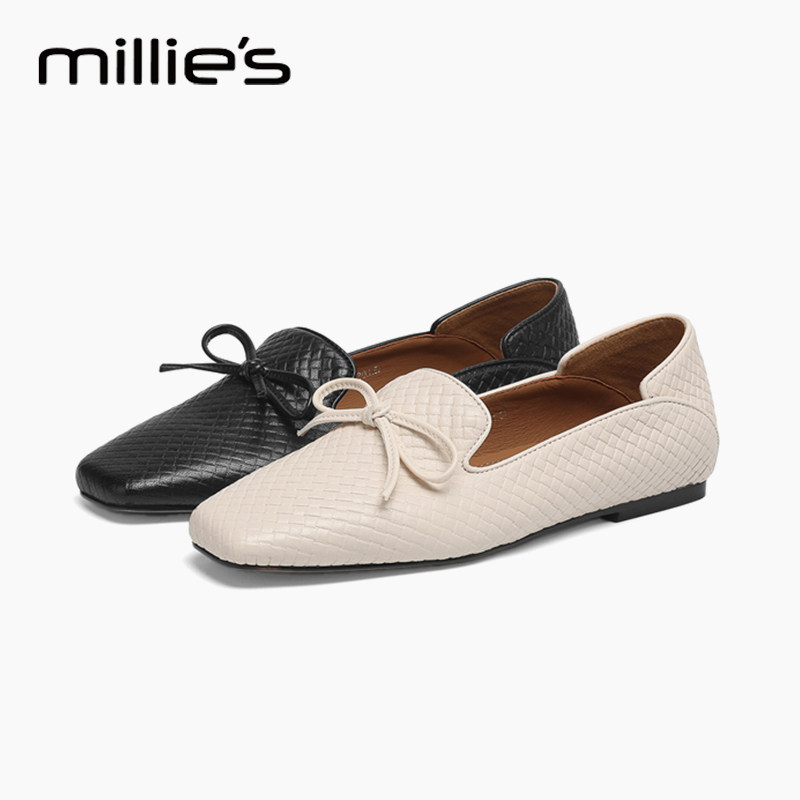 MILLIE'S/妙丽蝴蝶结软羊皮尖头深口单鞋女粗跟新一脚蹬中跟黑色,淘宝优惠券,粉丝福利购,淘宝优惠卷