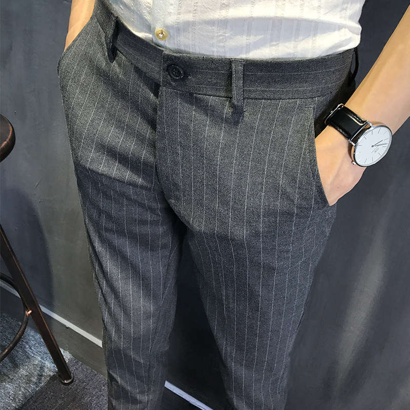 黑色竖条纹小西裤男九分裤夏季修身小脚休闲西装长裤弹力胖子大码,淘宝优惠券,粉丝福利购,淘宝优惠卷