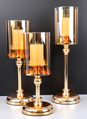 样板房间欧式浪漫烛台客厅餐桌金色金属玻璃摆设创意软装饰品摆件