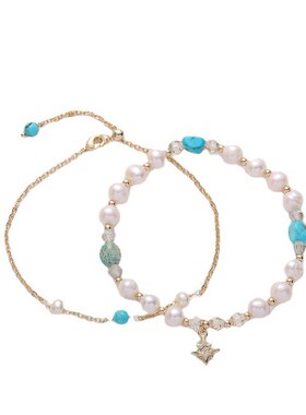 韩版网红设计简约感复古气质淡水珍珠绿松石双层手链女手串