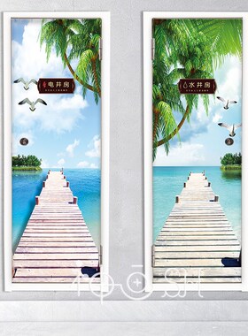 大海风景水井门纸自粘防水走廊过道装饰画海景电井门地中海风