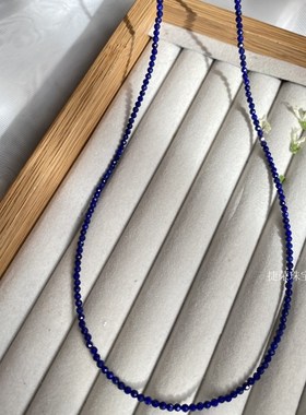 2+极细天然青金石切面光面米珠项链蓝色水晶简约锁骨链925银扣女