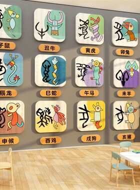 十二生肖贴纸甲骨文象形字幼儿园墙面装饰创意画环创主题成品文化