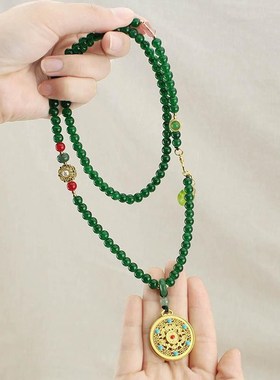 民族风长款毛衣链圆牌锁祖母绿色仿珍珠项链女国潮汉服Z新中式配