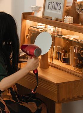 悦己实木梳妆台卧室简约樱桃木化妆桌日式现代带灯收纳化妆柜