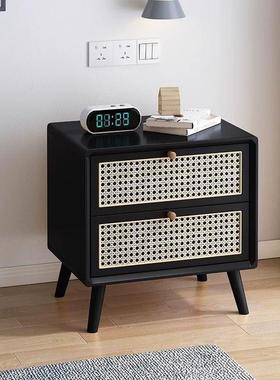 藤编床头柜实木樱桃色胡桃色原木色北欧简约诧寂风迷你木制储物柜