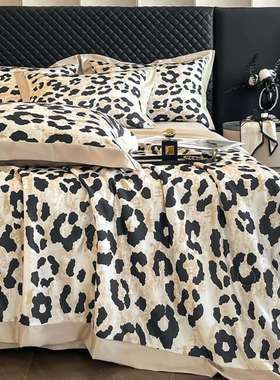 感夏季豹纹提花冰丝四件套丝滑裸睡被套水洗真丝天丝床上用品