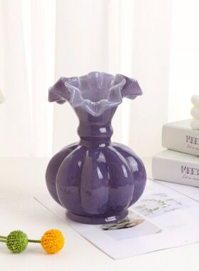 中古风复古手工紫色芬顿花瓶彩色法式南瓜花瓶客厅插花装饰花器