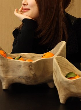 侘寂风实木托盘家用元宝果盘串珠收纳架复古木头摆件桌面茶室茶盘