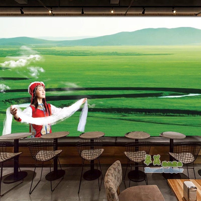 蒙古包草原壁纸壁画牛羊烧烤店餐厅餐饮店墙纸蓝天白云背景墙壁布,淘宝优惠券,粉丝福利购,淘宝优惠卷