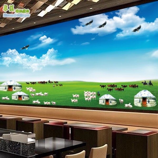 蒙古包草原壁纸壁画牛羊烧烤店餐厅餐饮店墙纸蓝天白云背景墙壁布,淘宝优惠券,粉丝福利购,淘宝优惠卷