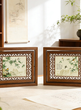 复古木质竹子荷花装饰画框摆件书房客厅古典工艺品桌面装饰摆台