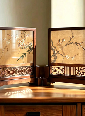 国风绢本花鸟纹样实木插屏摆台客厅书房画框书房办公室桌面装饰品