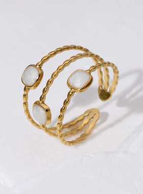 跨境不锈钢几何开口戒指滴油镀18K金不掉色简约设计感钛钢戒指女