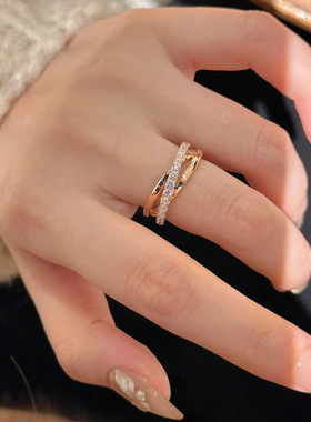 轻奢优雅三圈交叉镶嵌排钻戒指小众设计感时尚个性开口食指戒女
